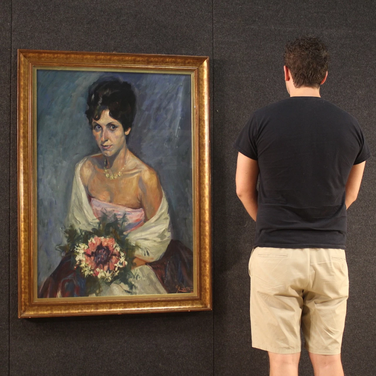 Ritratto femminile con bouquet, dipinto a tecnica mista su cartoncino 8