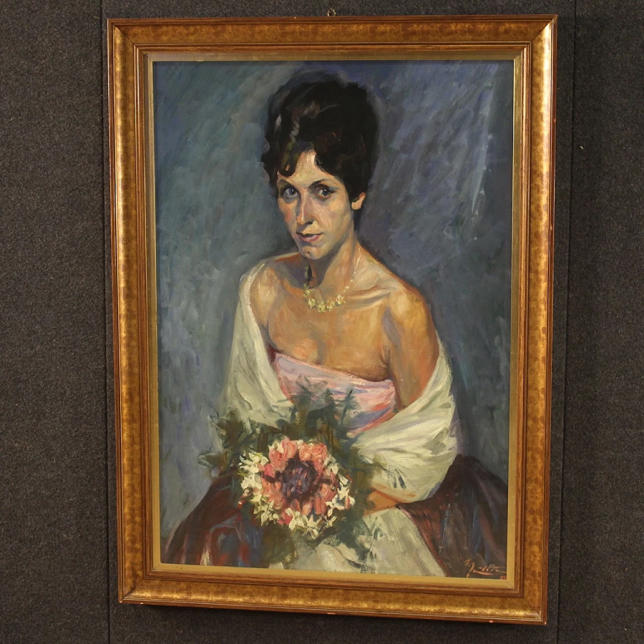 Ritratto femminile con bouquet, dipinto a tecnica mista su cartoncino 10