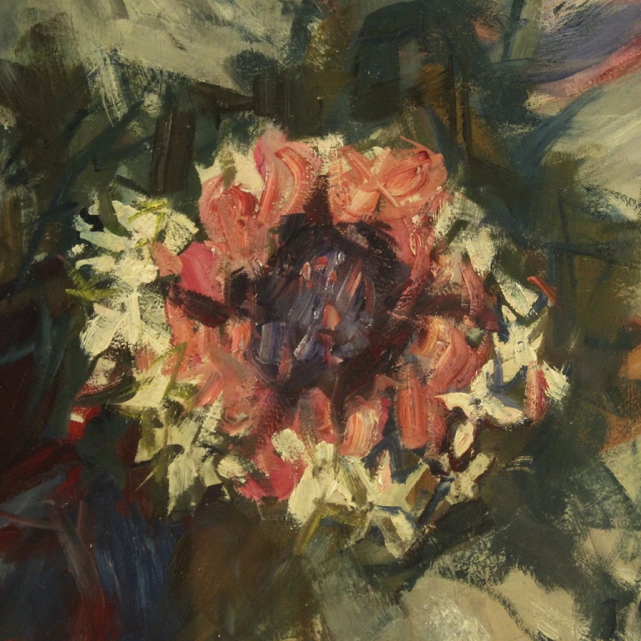 Ritratto femminile con bouquet, dipinto a tecnica mista su cartoncino 14