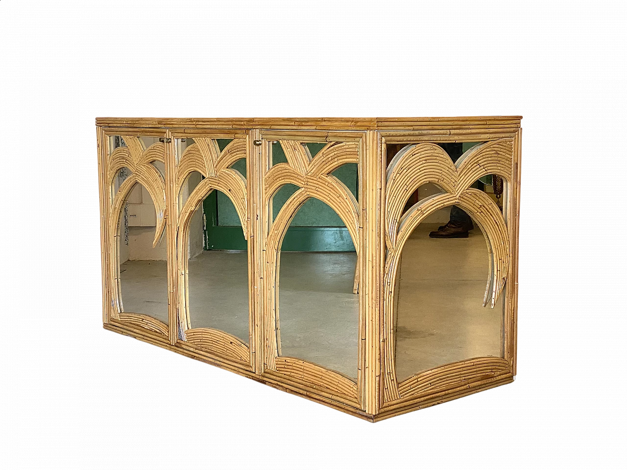 Credenza specchiata in bambù di Vivai del Sud, anni '70 14