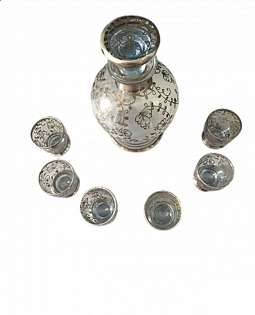 6 Bicchieri e bottiglia da liquore in vetro, metà '800