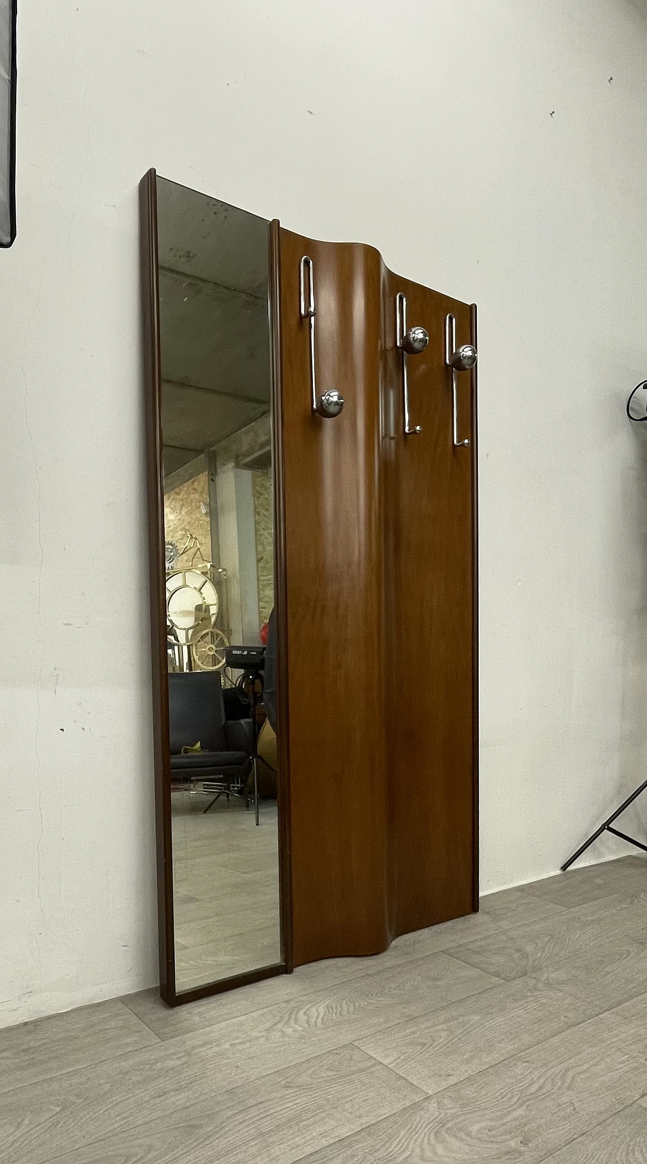 Wood coat rack with mirror, 1960s 5