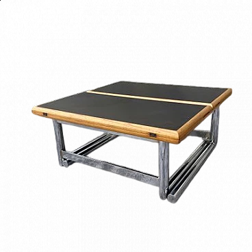 Tavolo quadrato in legno con gambe in acciaio ad altezza regolabile, anni '80