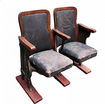 Pair of theatre armchairs with wood and cast iron frame, 1930s