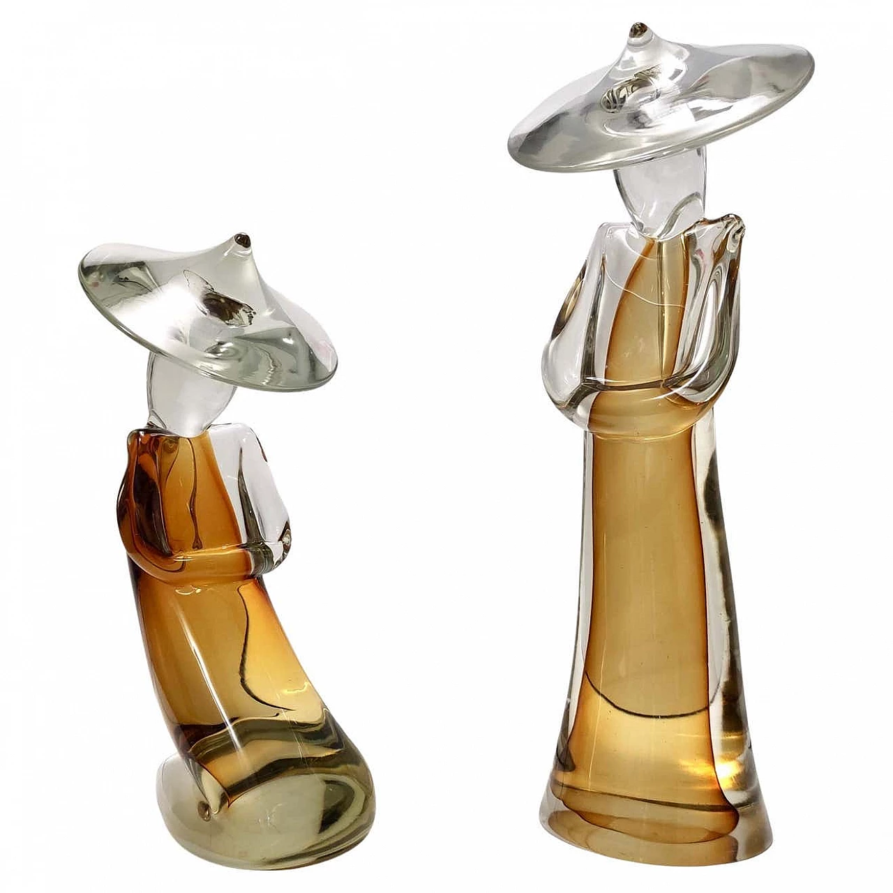 Pair of amber-coloured submerged Murano glass Chinese figures by Archimede Seguso, 1960s 17