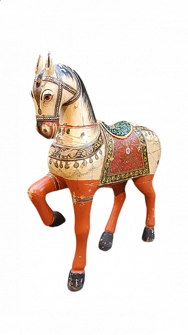 Scultura di cavallo in legno dipinto e decorato a mano, fine '800
