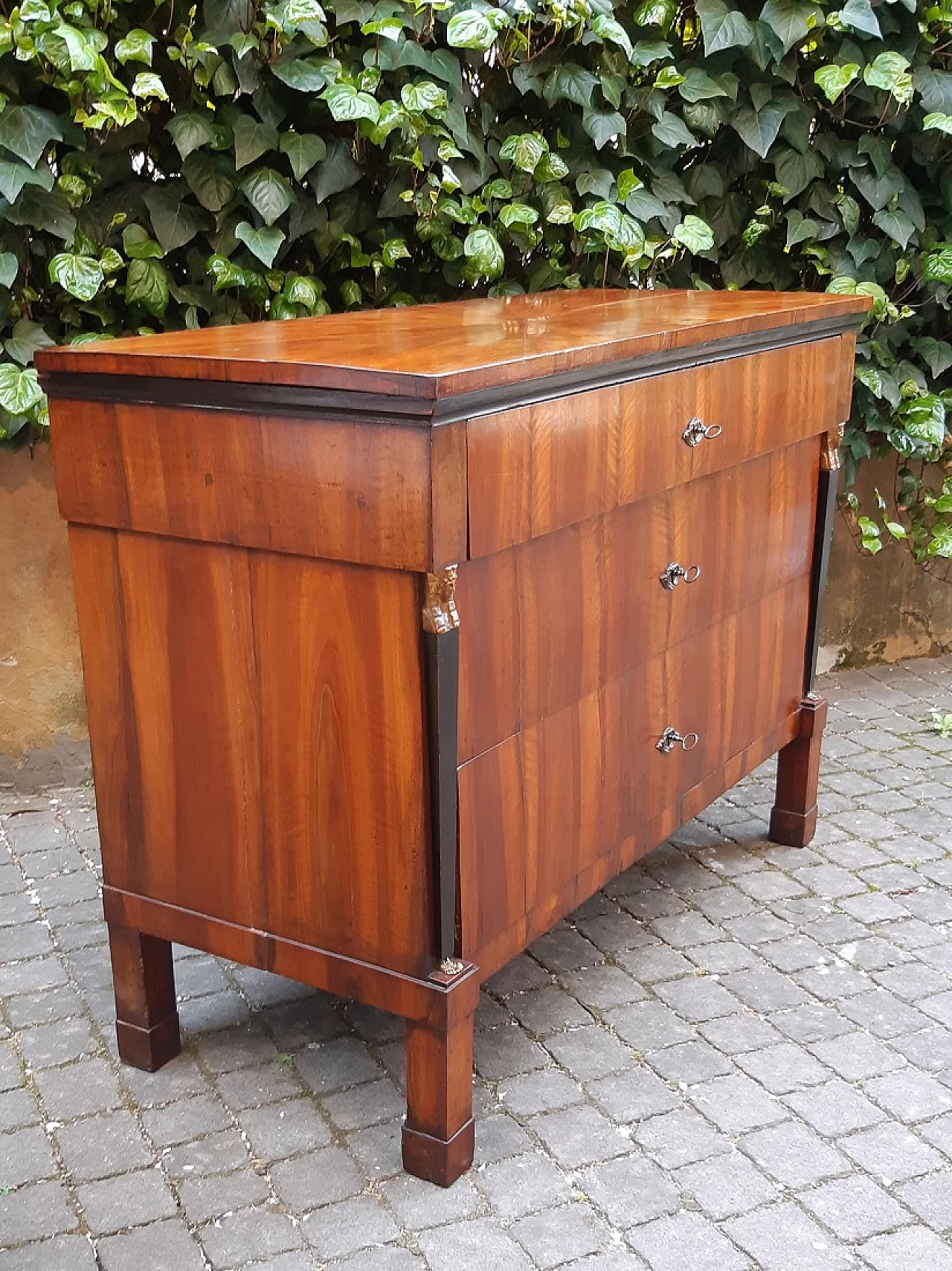 Empire walnut chest of drawers with columns with gilded wooden sphinxes, 19th century 2