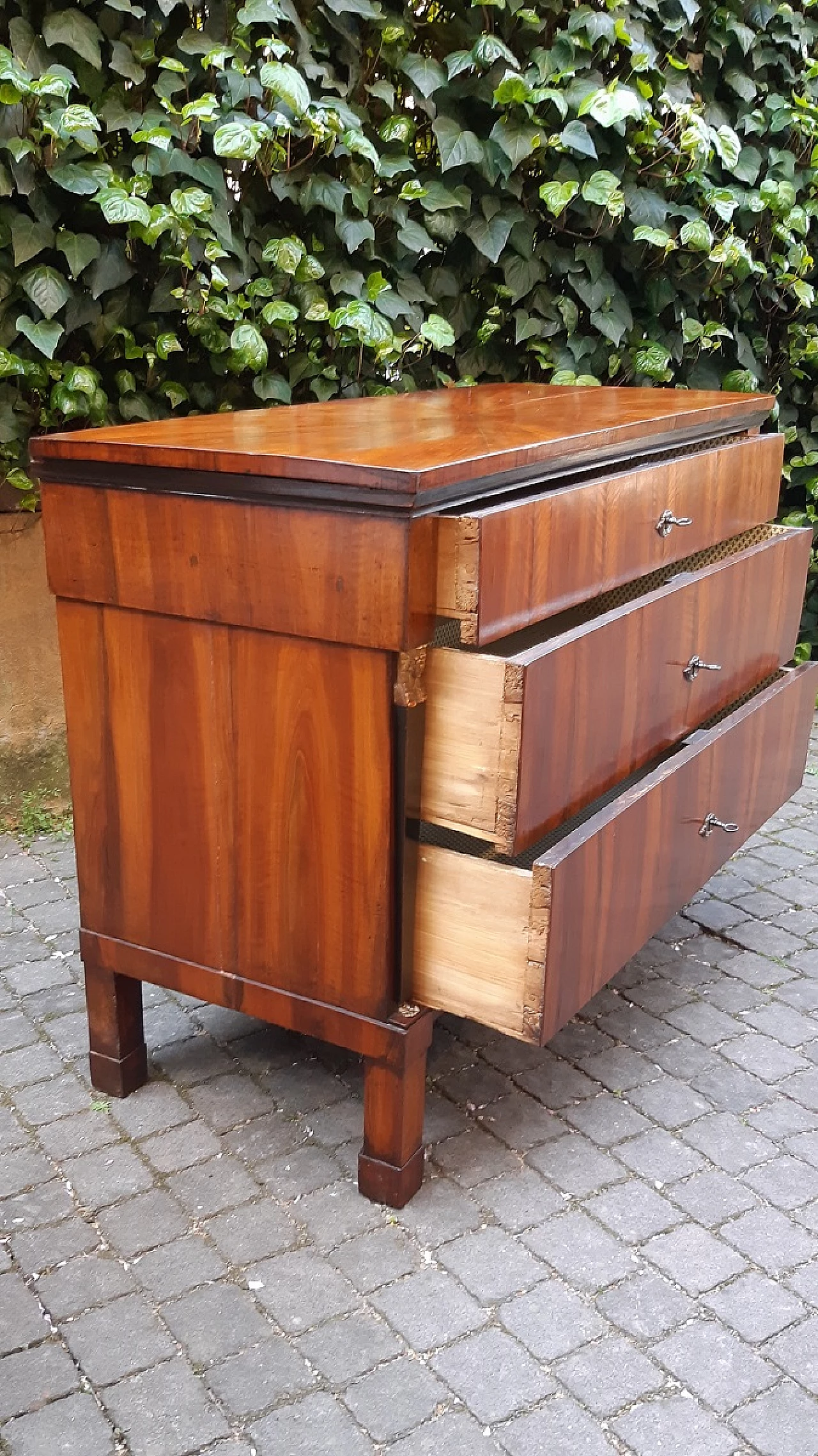 Empire walnut chest of drawers with columns with gilded wooden sphinxes, 19th century 7