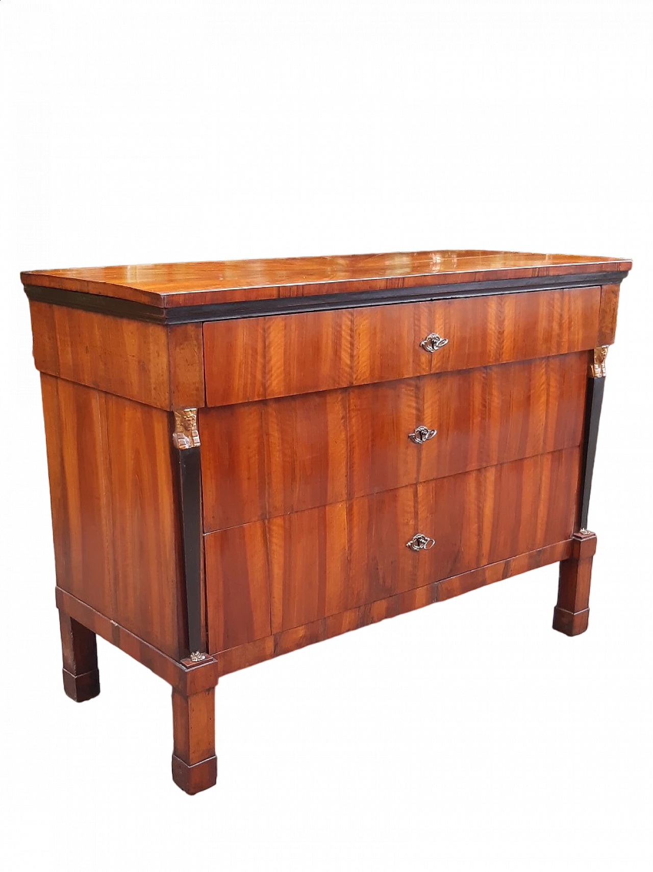 Empire walnut chest of drawers with columns with gilded wooden sphinxes, 19th century 13