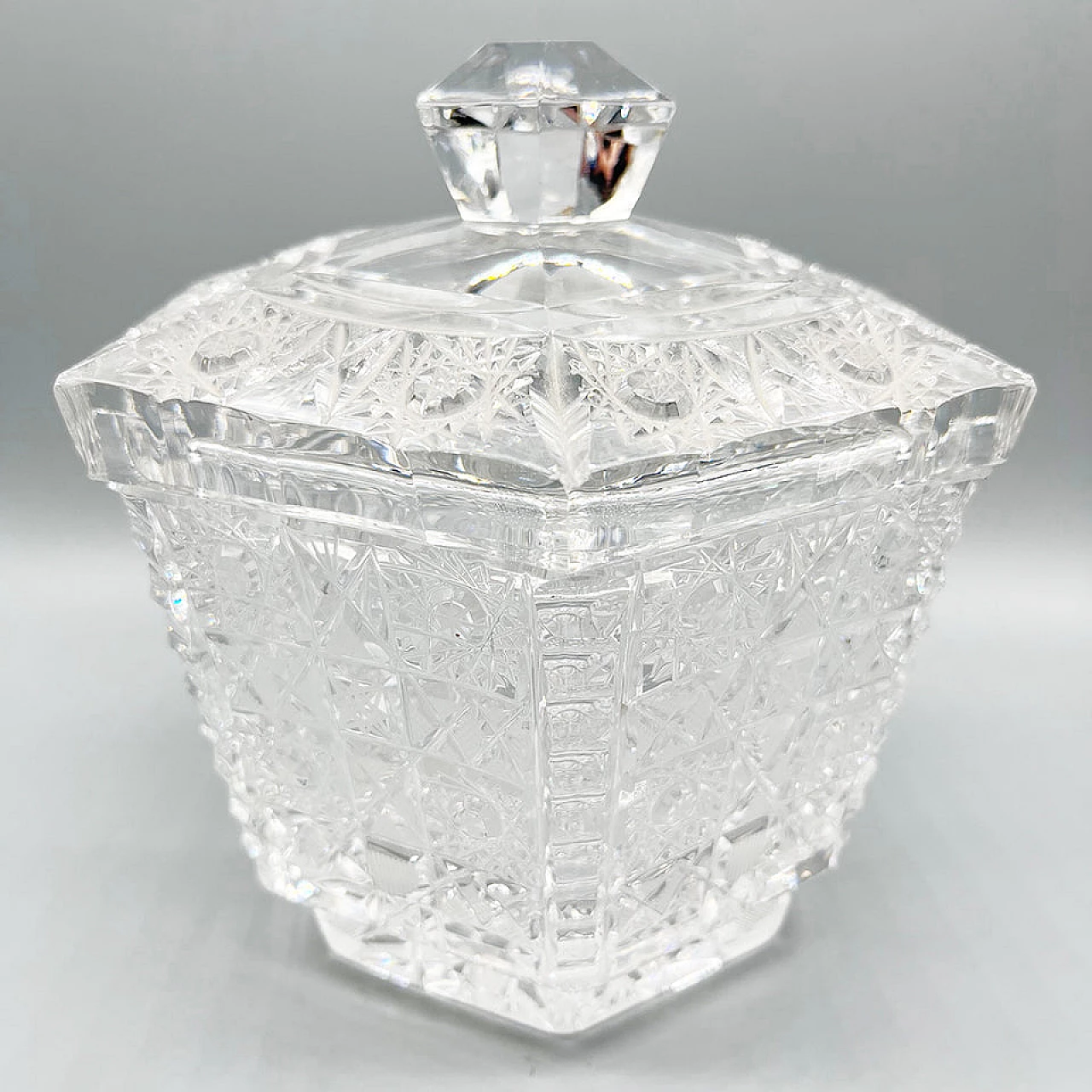 Bohemian crystal hexagonal vase with lid, early 20th century 1