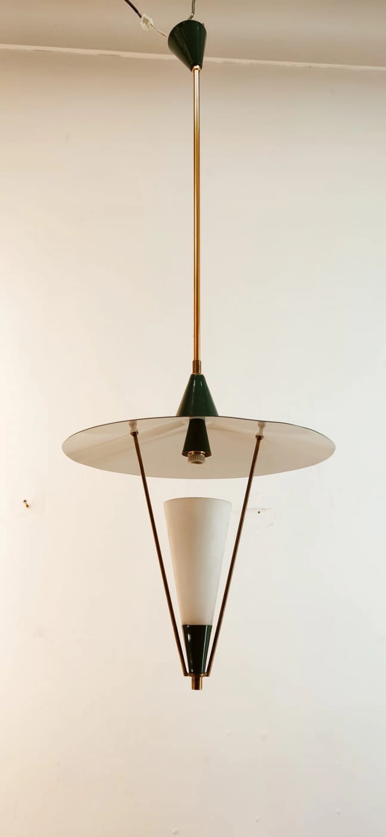 Lampadario sospeso con cupola in metallo e cono in vetro, metà '900 3