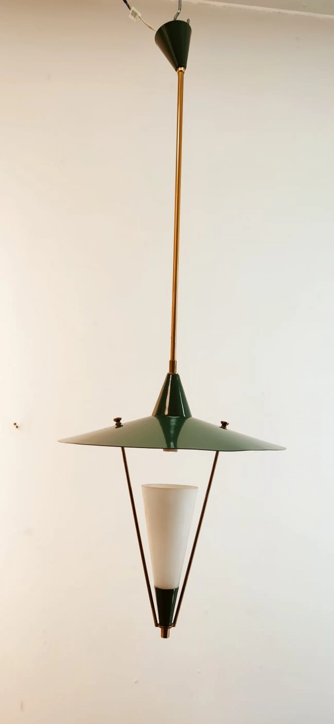 Lampadario sospeso con cupola in metallo e cono in vetro, metà '900 4