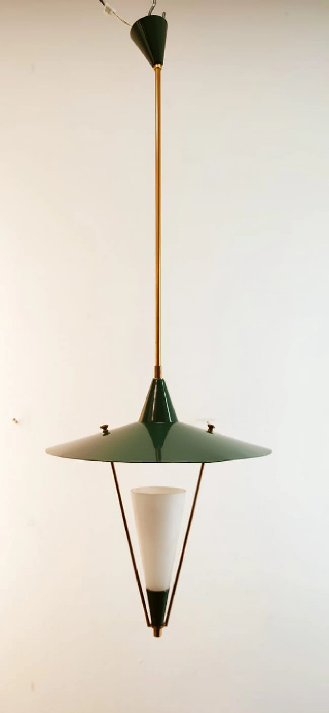 Lampadario sospeso con cupola in metallo e cono in vetro, metà '900 5