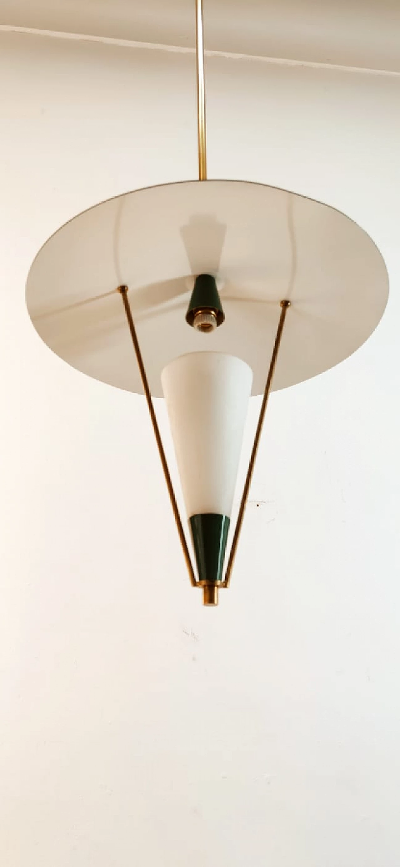 Lampadario sospeso con cupola in metallo e cono in vetro, metà '900 6