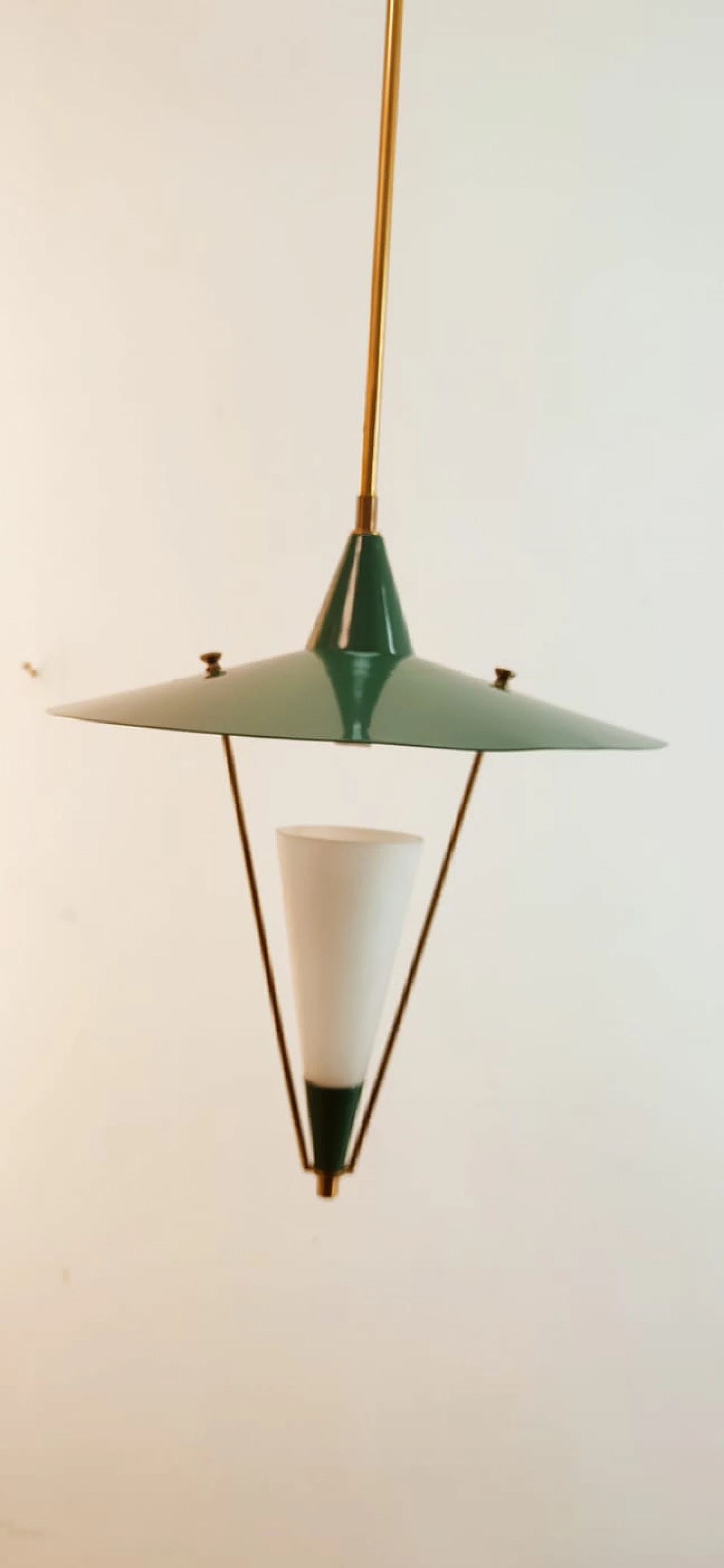 Lampadario sospeso con cupola in metallo e cono in vetro, metà '900 7