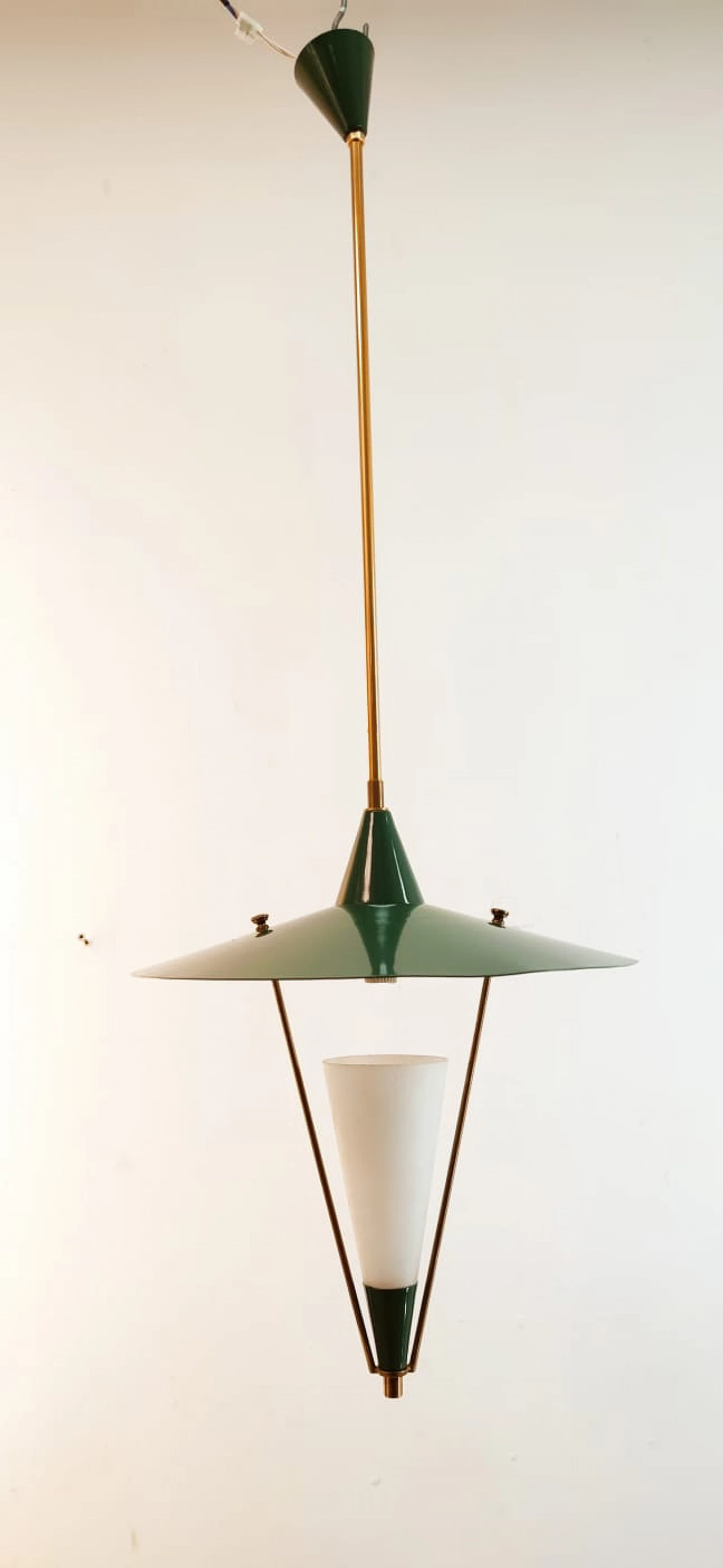 Lampadario sospeso con cupola in metallo e cono in vetro, metà '900 9