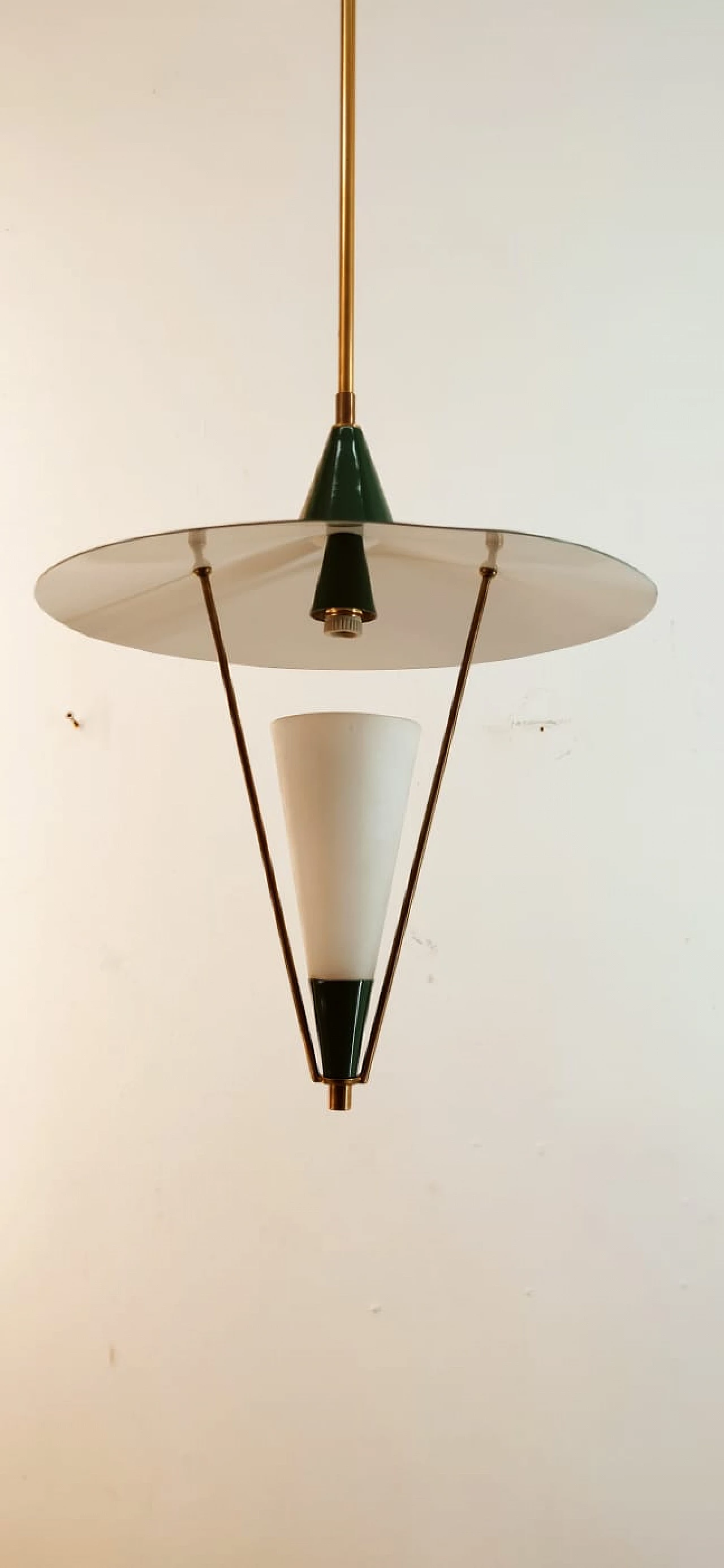 Lampadario sospeso con cupola in metallo e cono in vetro, metà '900 11