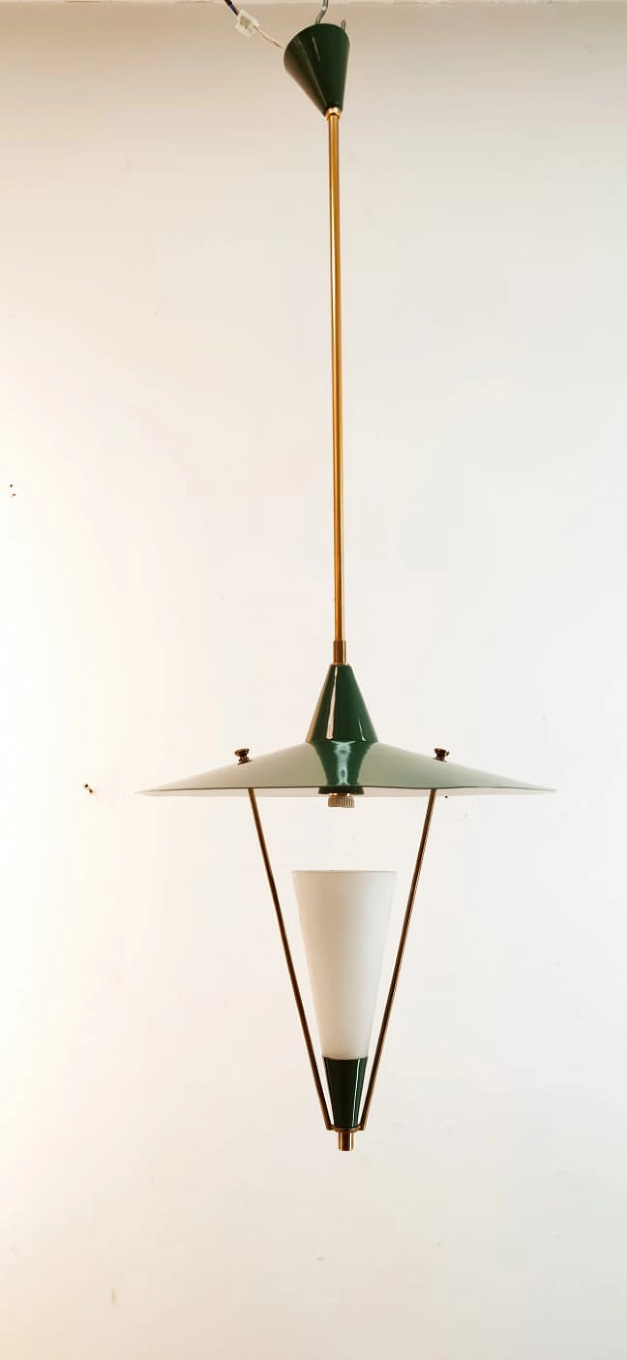 Lampadario sospeso con cupola in metallo e cono in vetro, metà '900 13