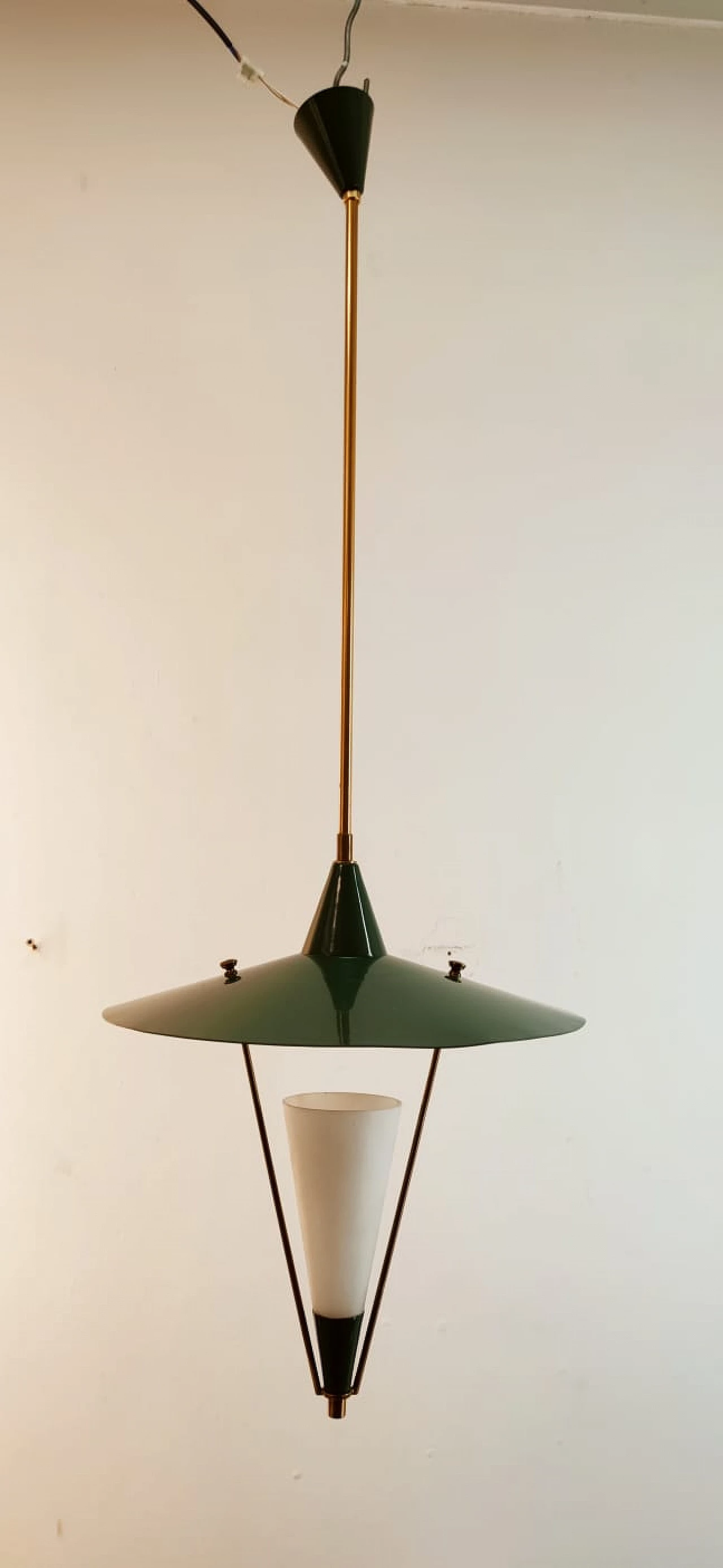 Lampadario sospeso con cupola in metallo e cono in vetro, metà '900 14