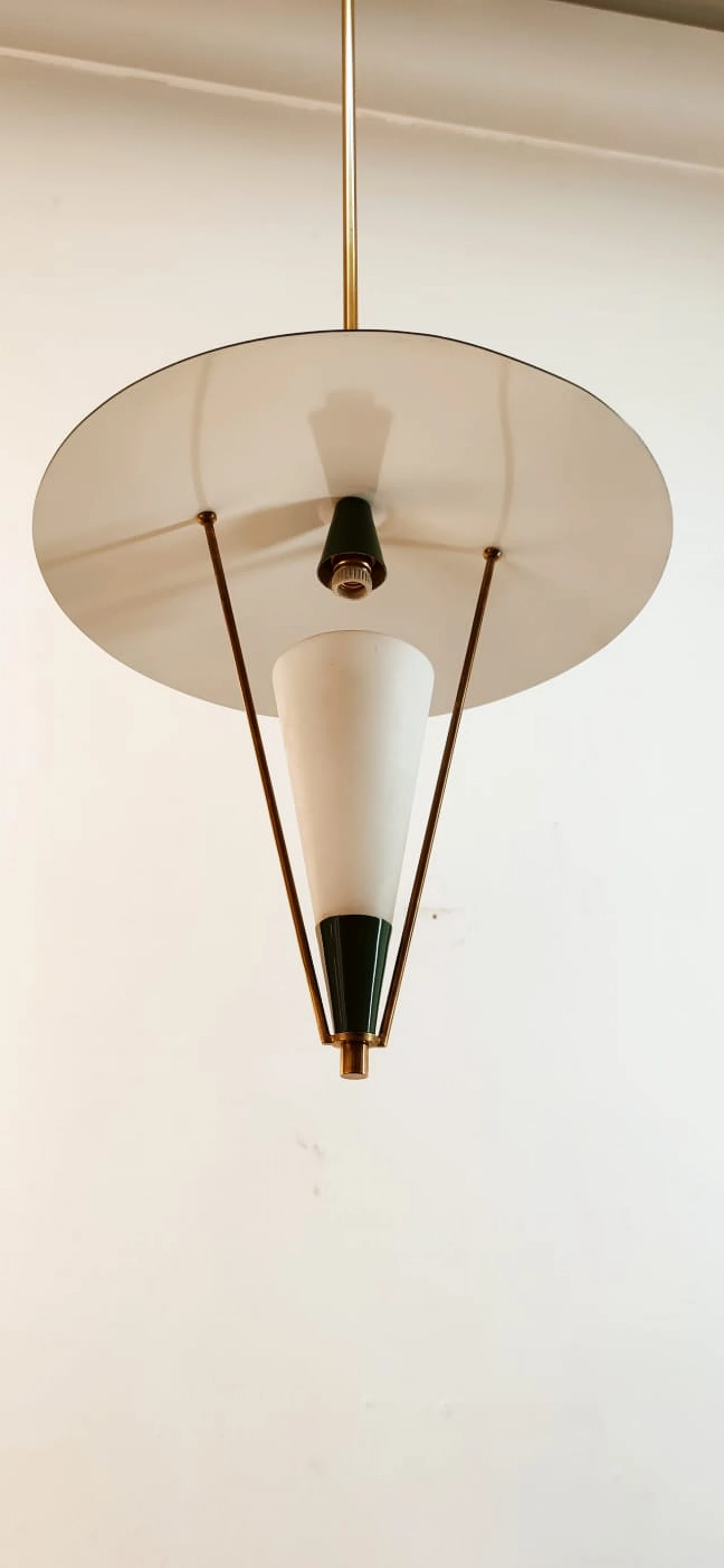 Lampadario sospeso con cupola in metallo e cono in vetro, metà '900 15