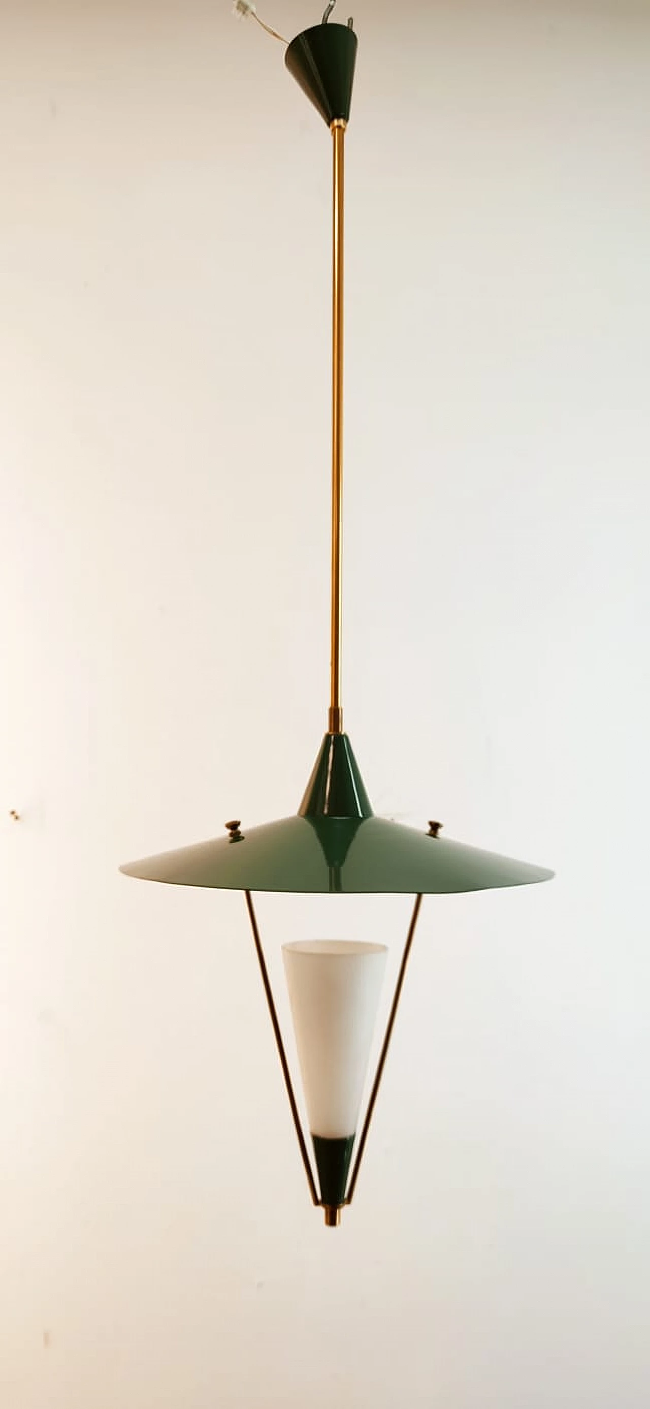 Lampadario sospeso con cupola in metallo e cono in vetro, metà '900 16