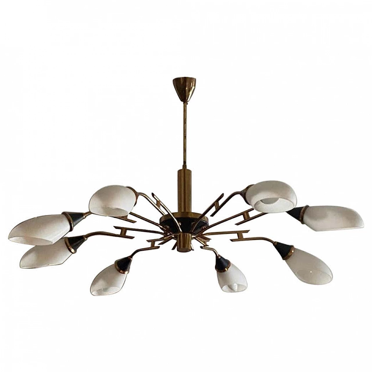 Lampadario a sei luci in ottone e vetro nello stile di Stilnovo, anni '60 1