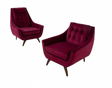 Pair of purple velvet His and Hers armchairs by Adrian Pearsall, 1950s
