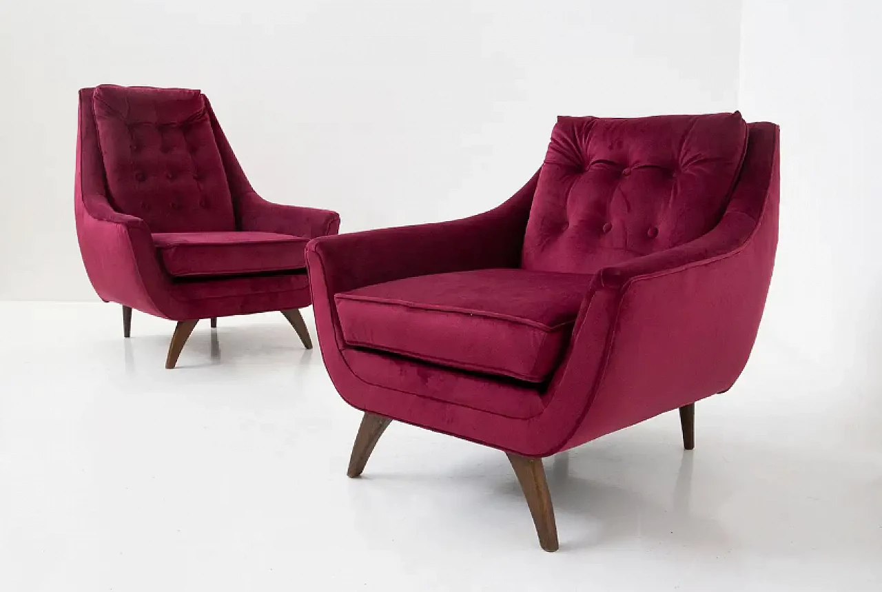 Pair of purple velvet His and Hers armchairs by Adrian Pearsall, 1950s 4
