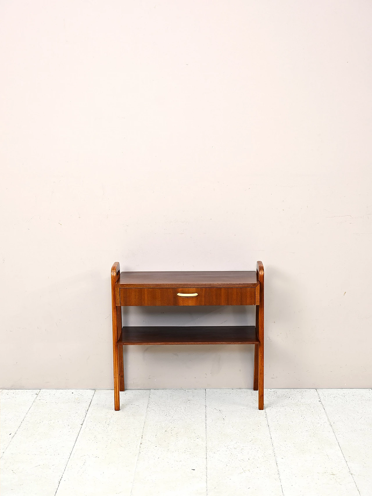Mahogany bedside table with U-shaped legs and magazine rack, 1950s 2