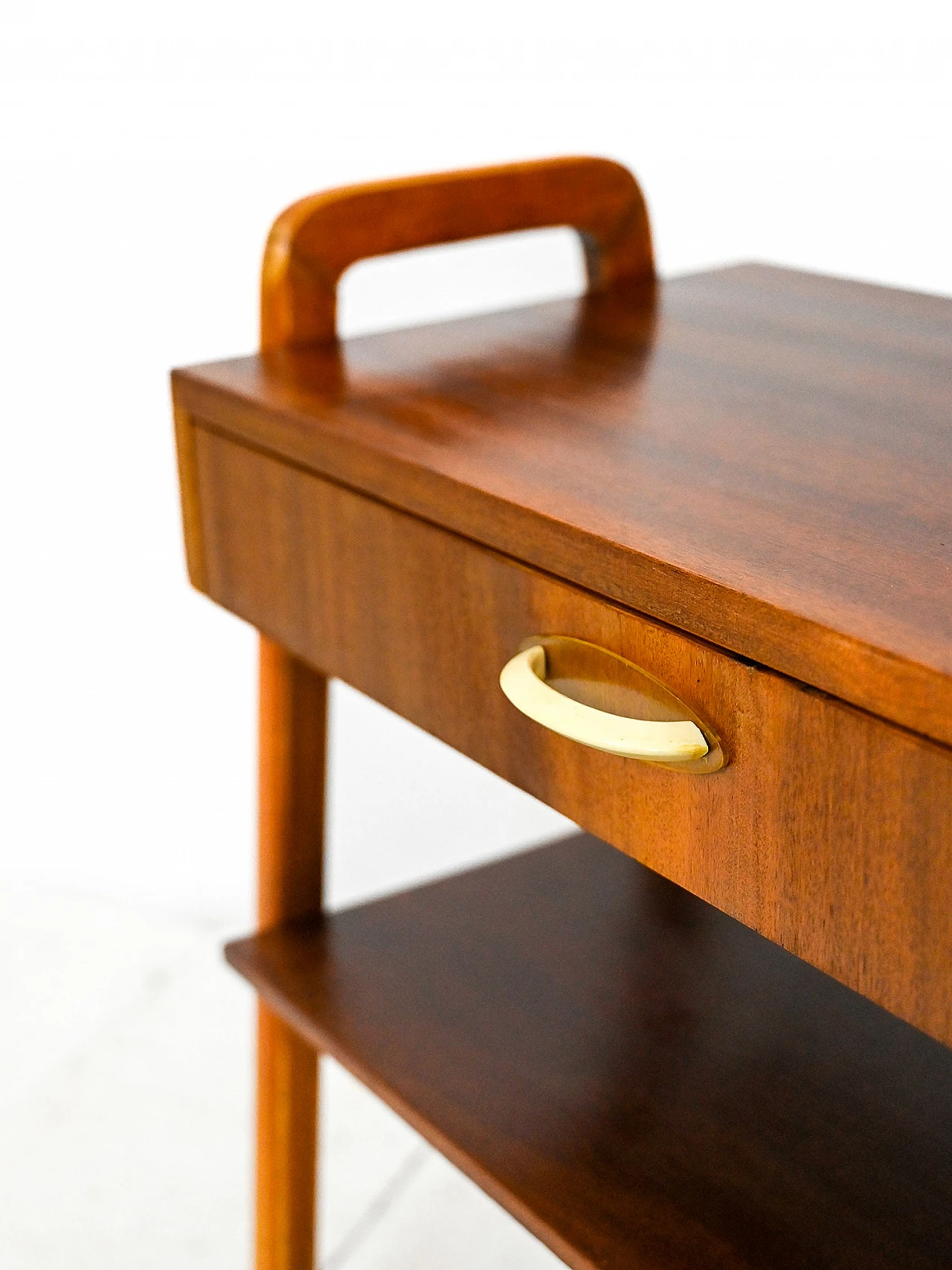 Mahogany bedside table with U-shaped legs and magazine rack, 1950s 6