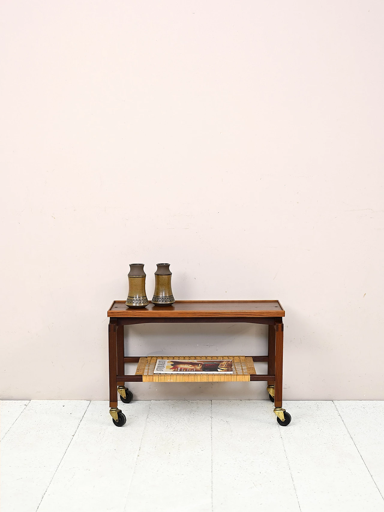 Scandinavian wood and rattan bar cart, 1960s 1