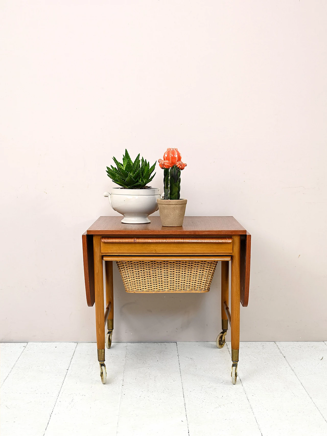 Teak and rattan wool holder, 1960s 1