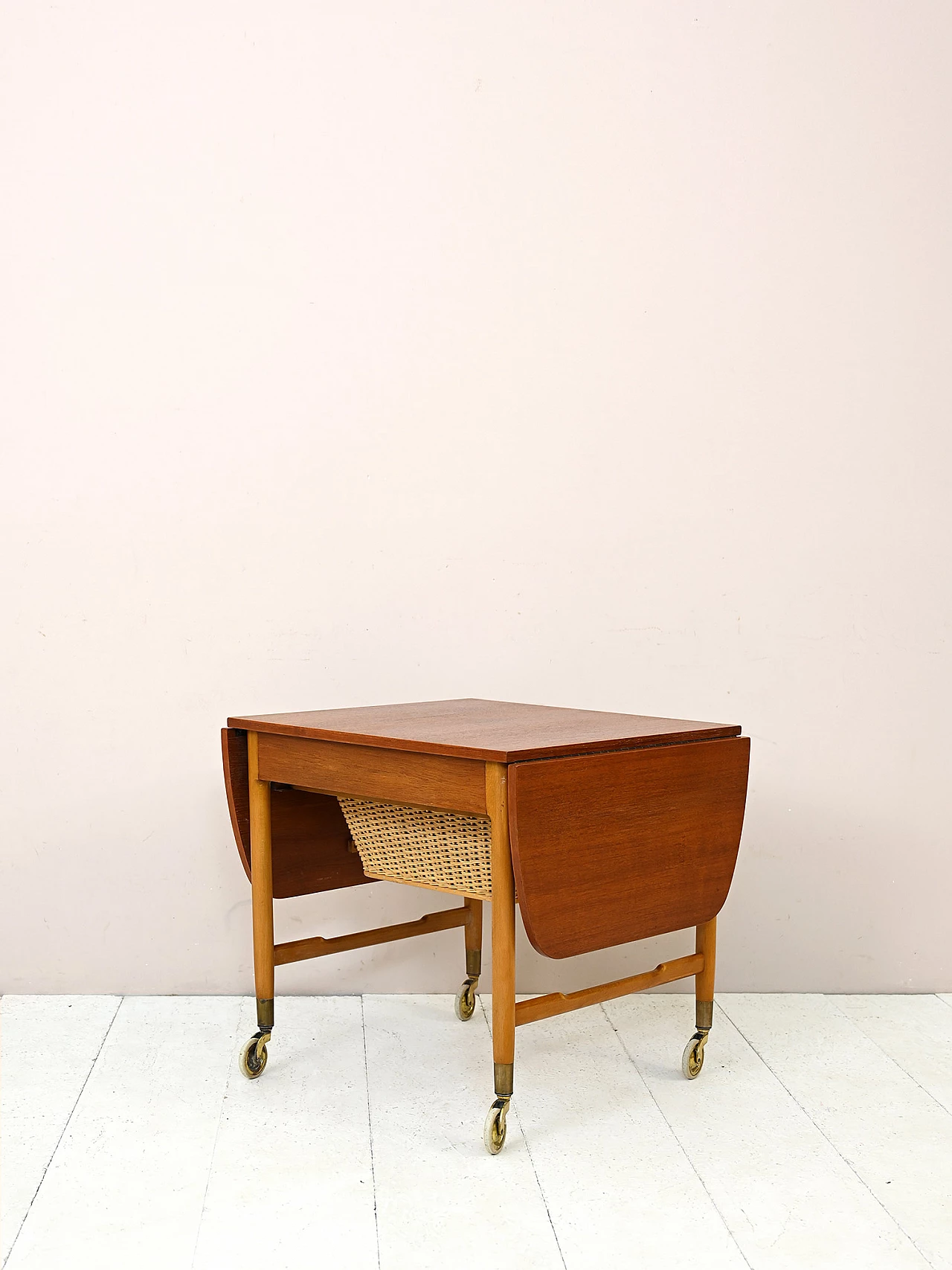 Teak and rattan wool holder, 1960s 6