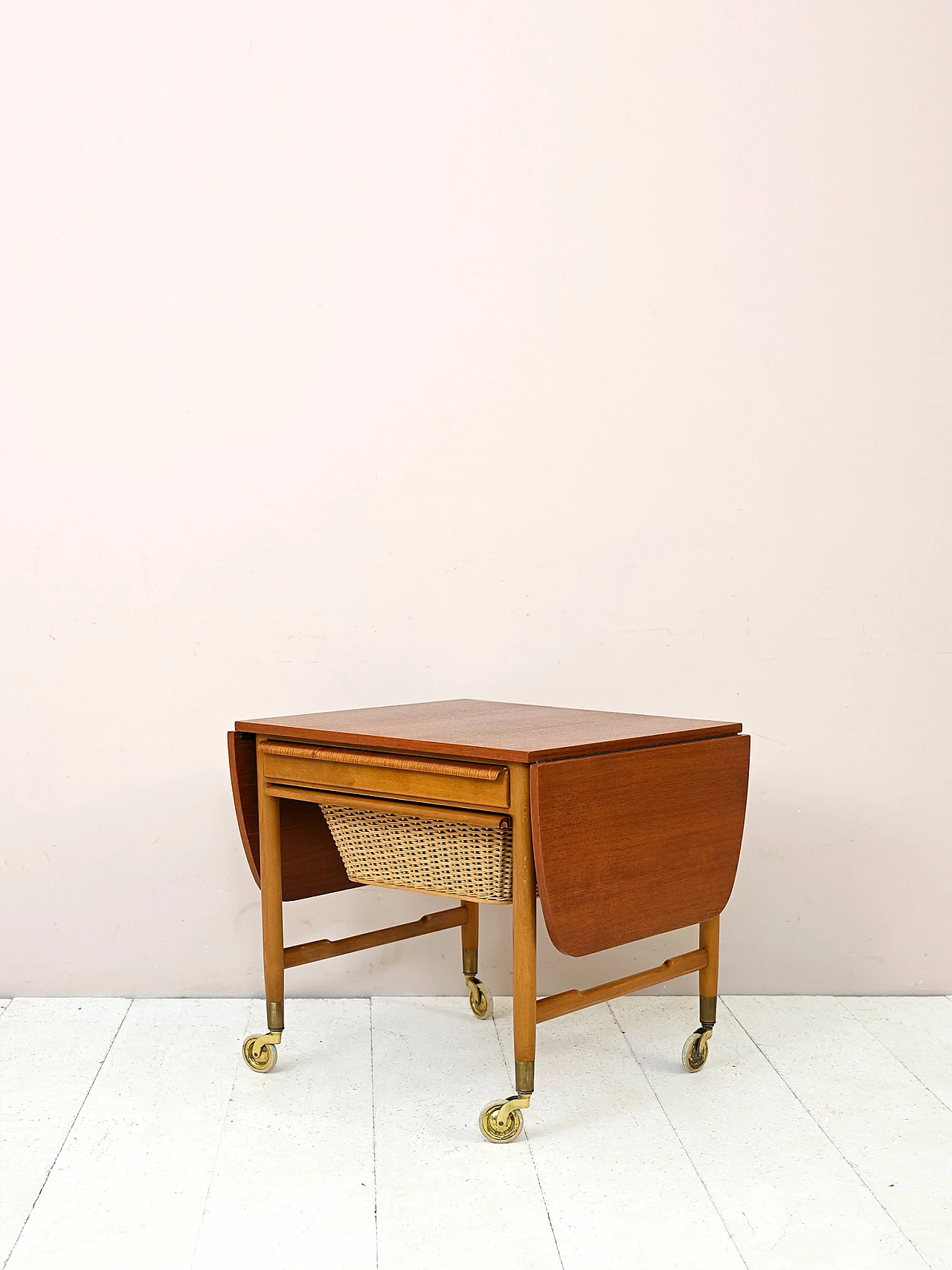 Teak and rattan wool holder, 1960s 7