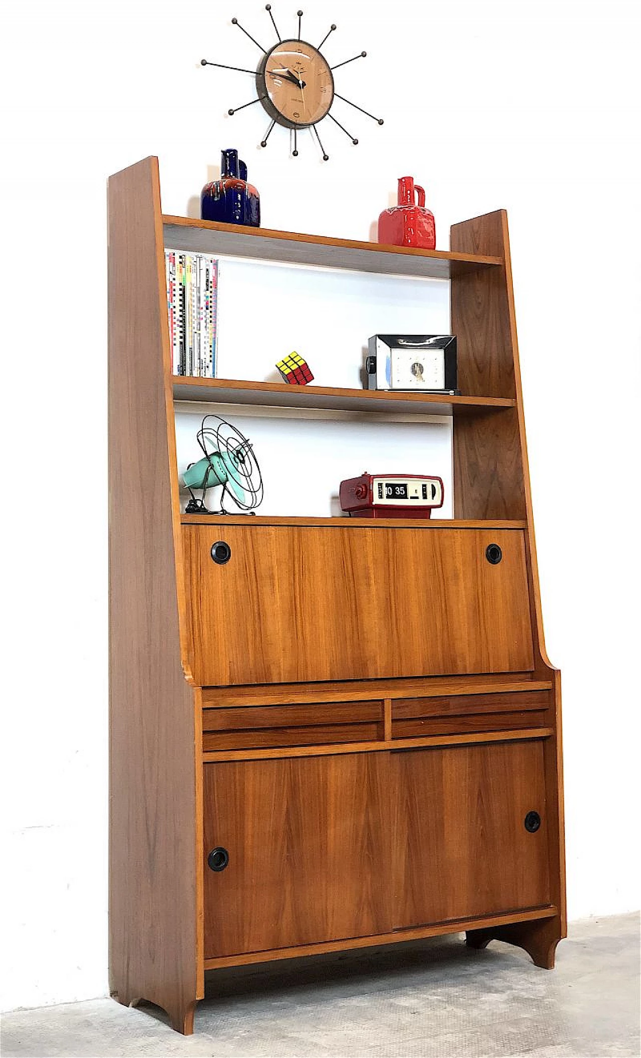 Teak veneered solid wood bookcase with desk, 1960s 1