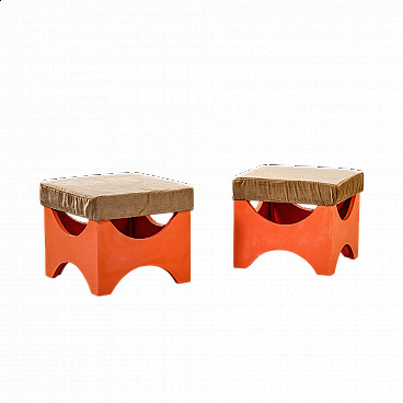 Pair of T29 Dado poufs in wood and velvet by Ettore Sottsass for Poltronova, 1960s