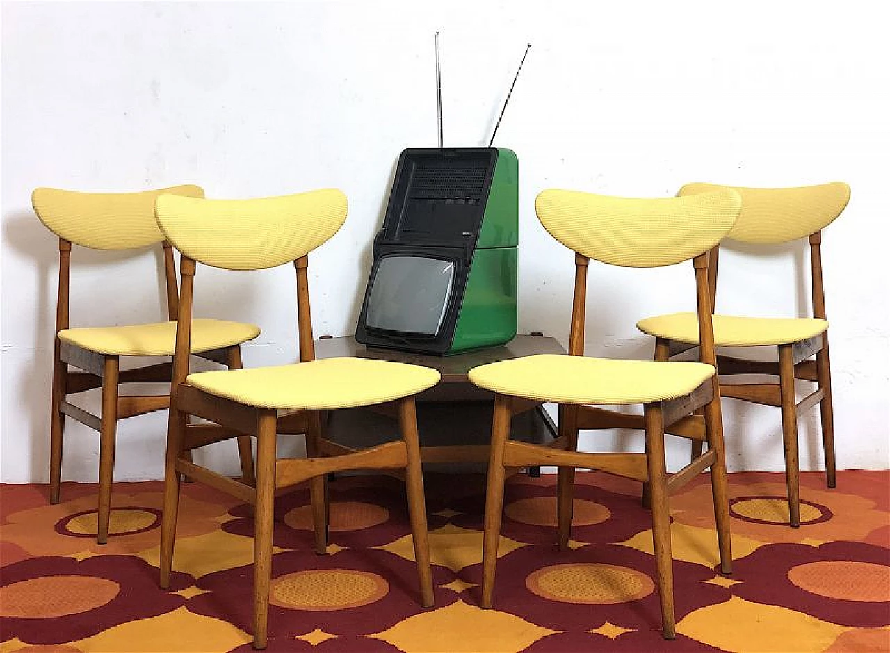 4 Chairs in beech and yellow fabric, 1960s 1