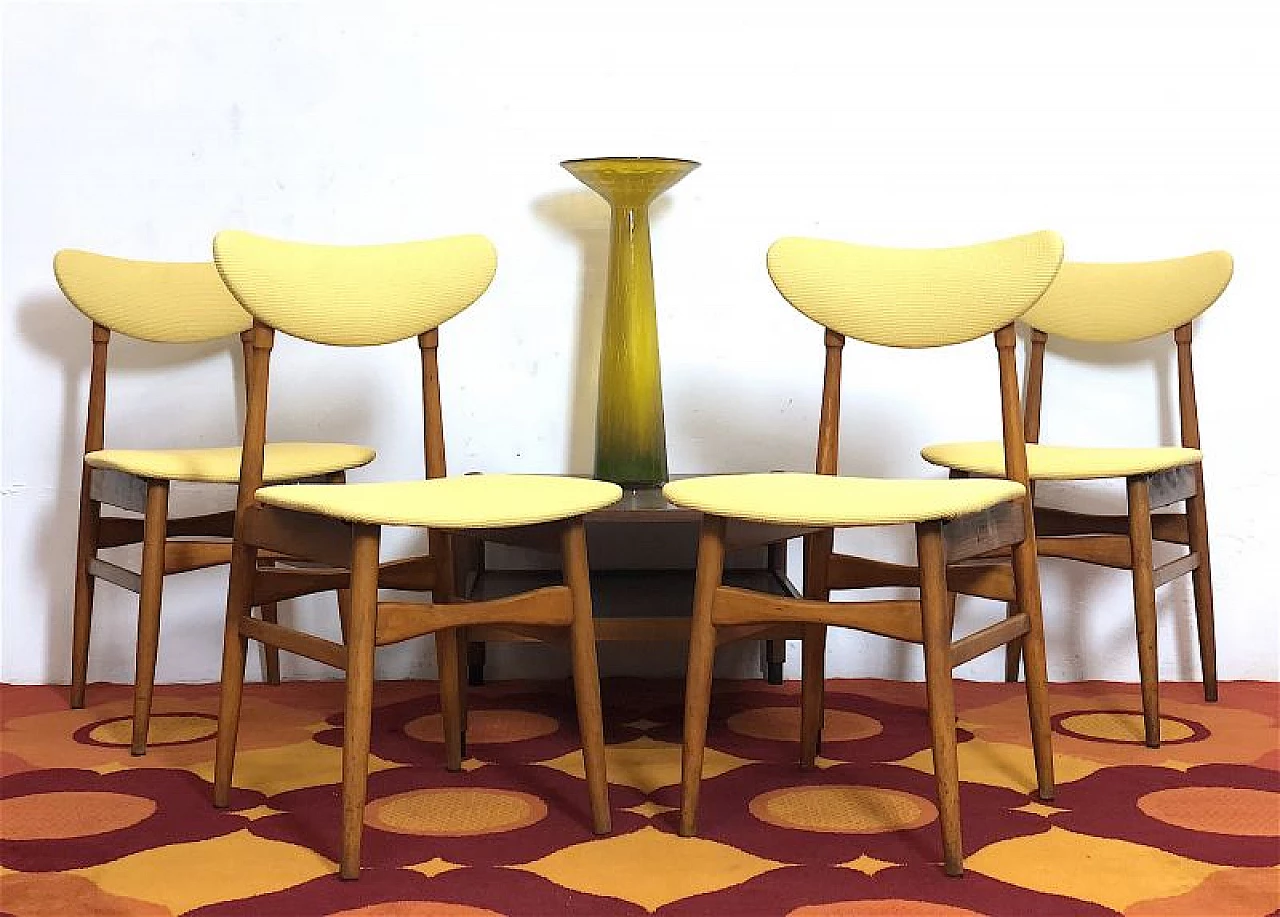 4 Chairs in beech and yellow fabric, 1960s 2