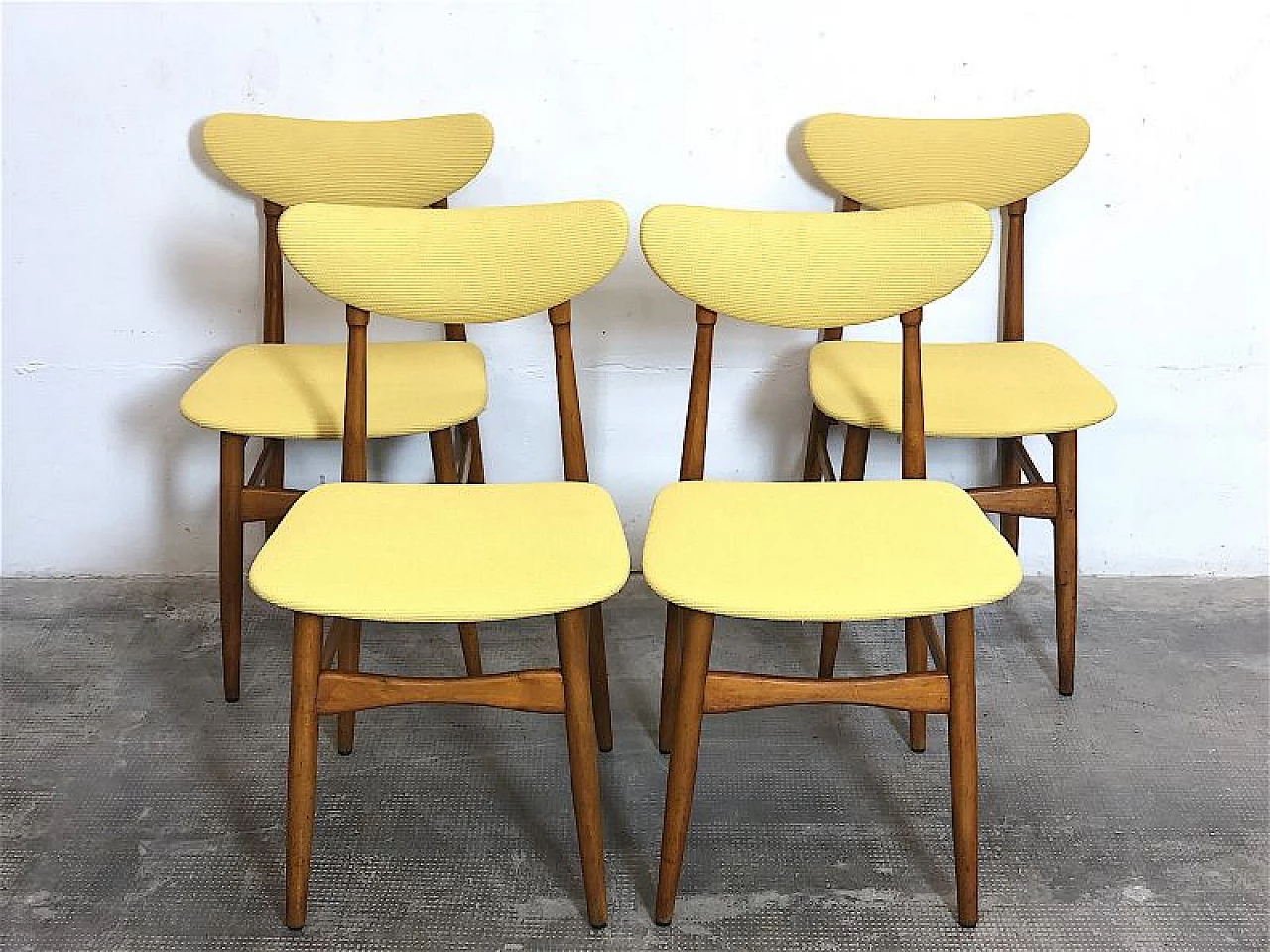 4 Chairs in beech and yellow fabric, 1960s 3