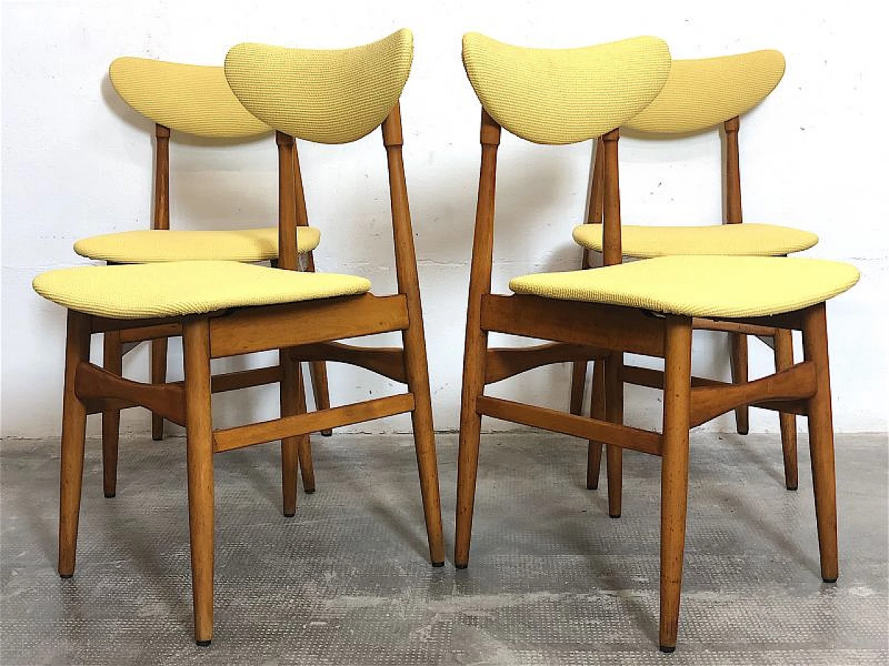 4 Chairs in beech and yellow fabric, 1960s 4