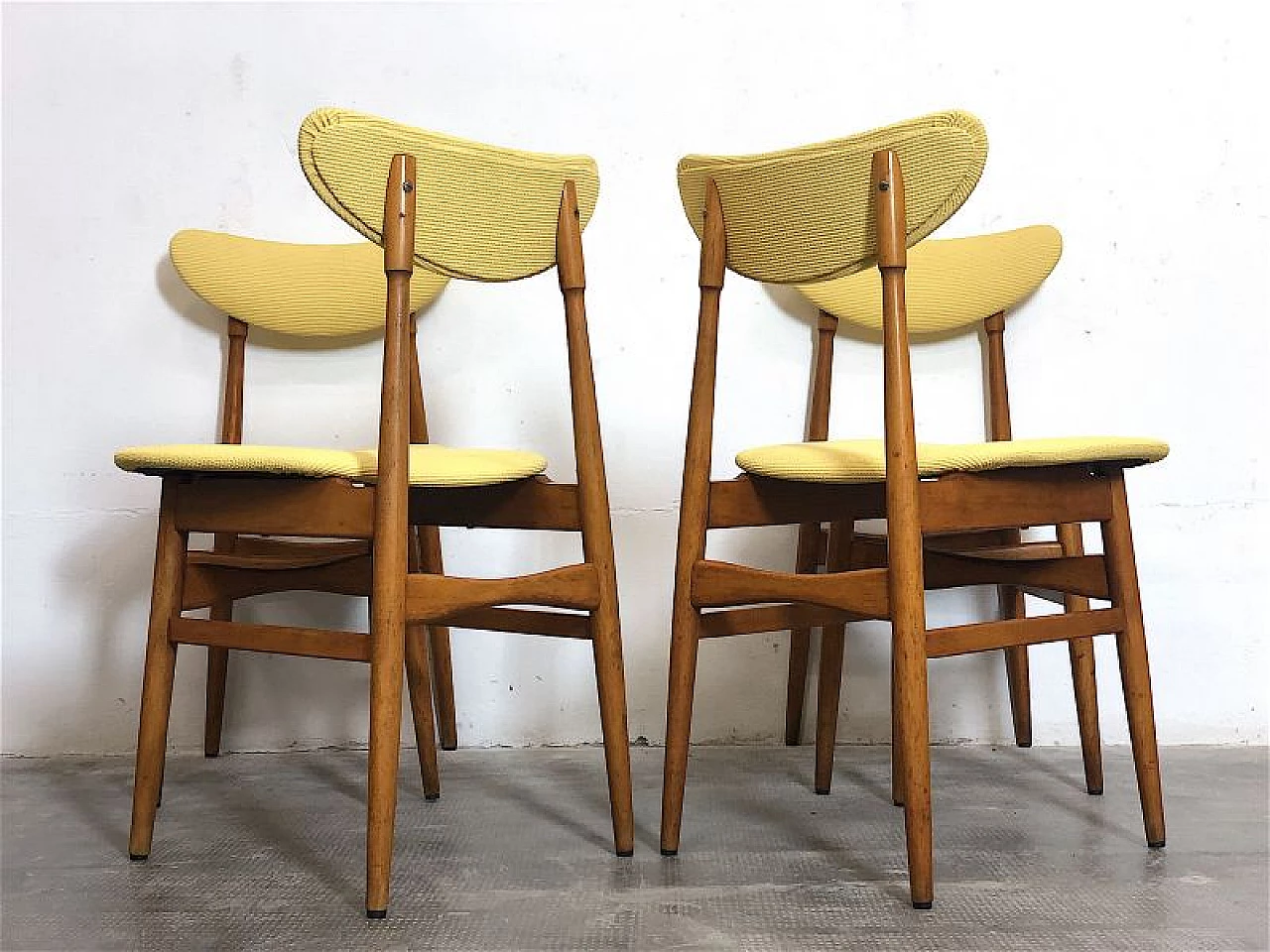 4 Chairs in beech and yellow fabric, 1960s 5