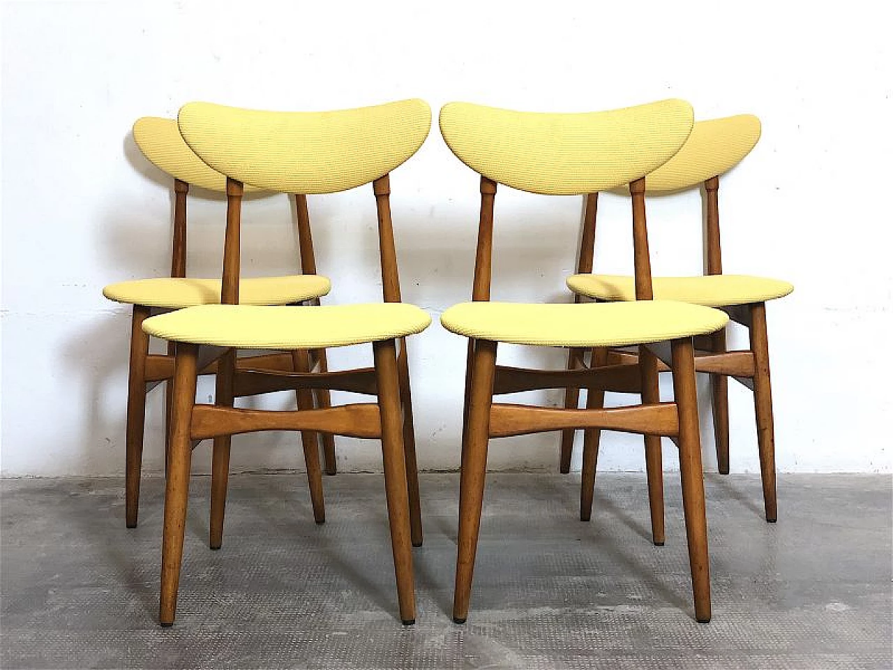 4 Chairs in beech and yellow fabric, 1960s 7