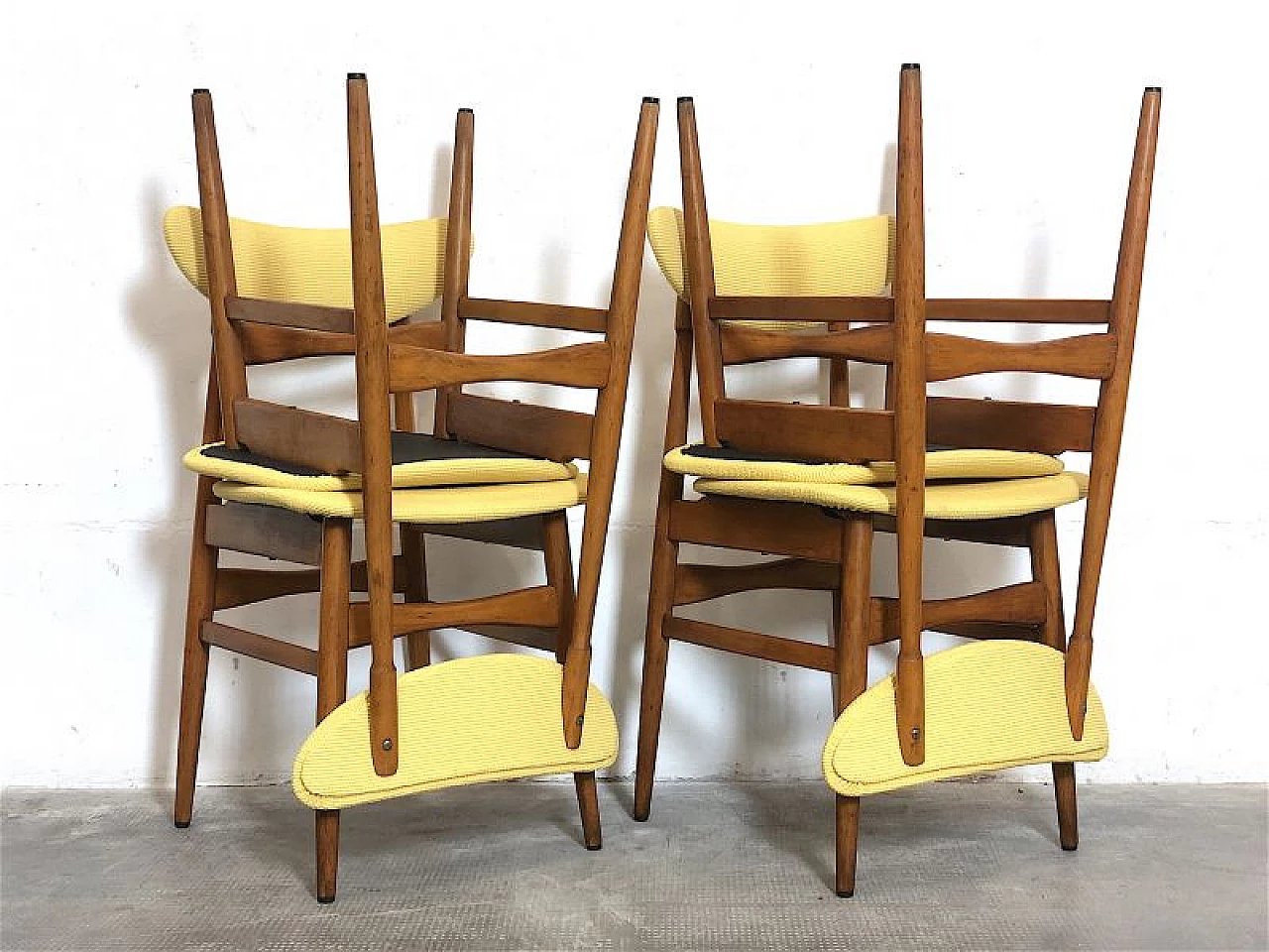 4 Chairs in beech and yellow fabric, 1960s 8