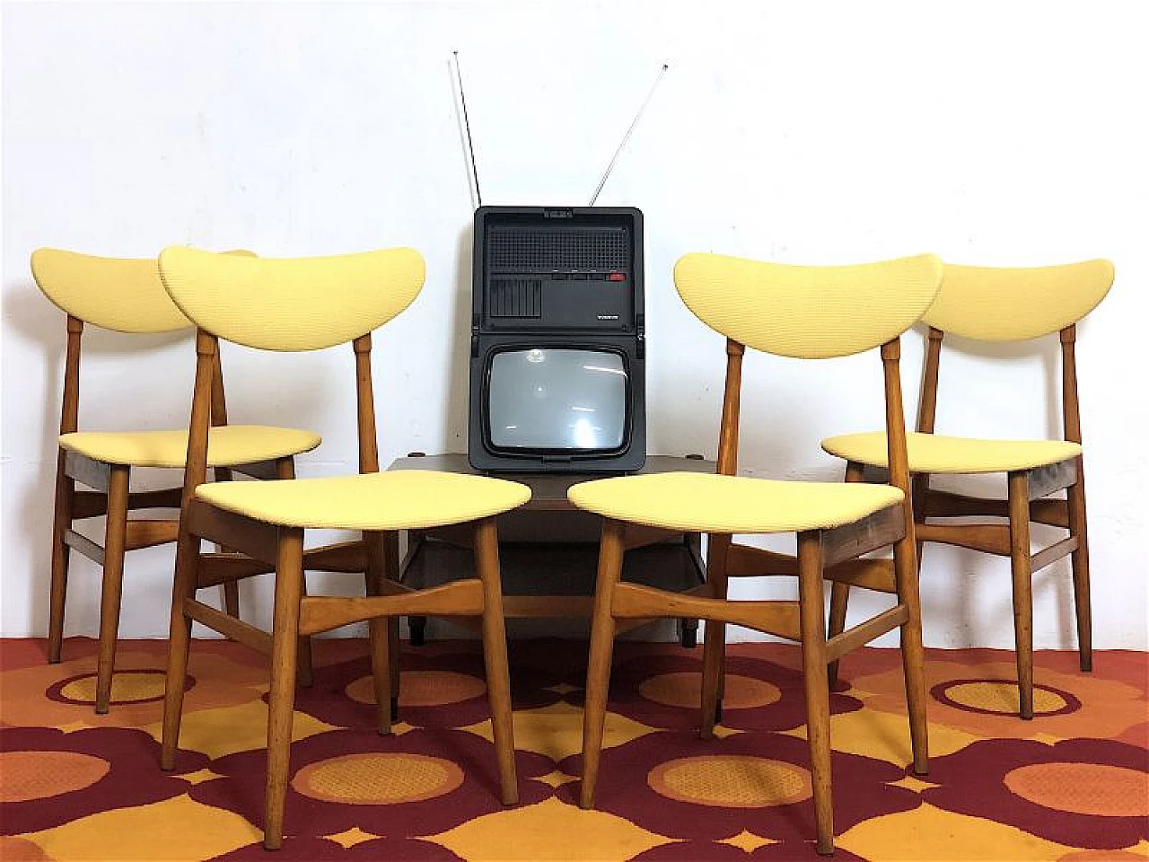 4 Chairs in beech and yellow fabric, 1960s 14