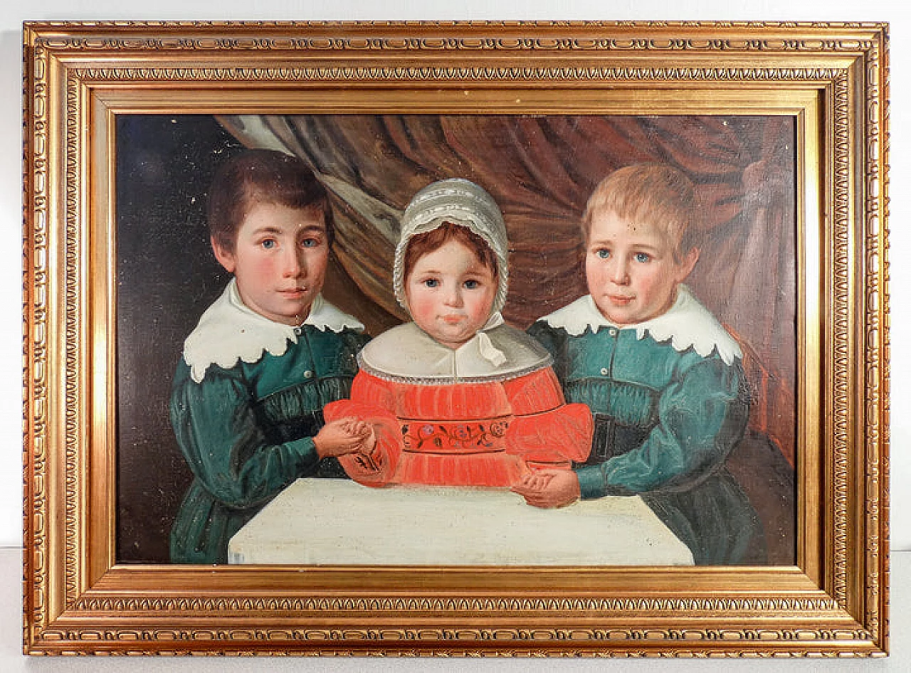 Portrait of three children, oil painting on canvas, mid-19th century 1