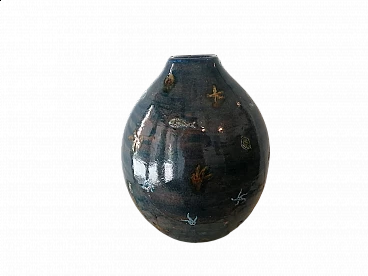 Blue ceramic round vase by Angelo Ungania, 1940s