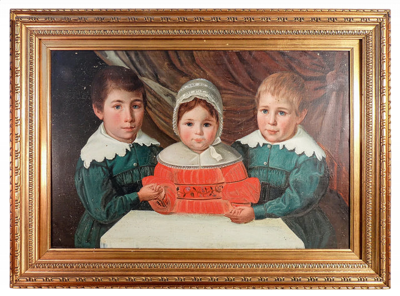 Portrait of three children, oil painting on canvas, mid-19th century 8