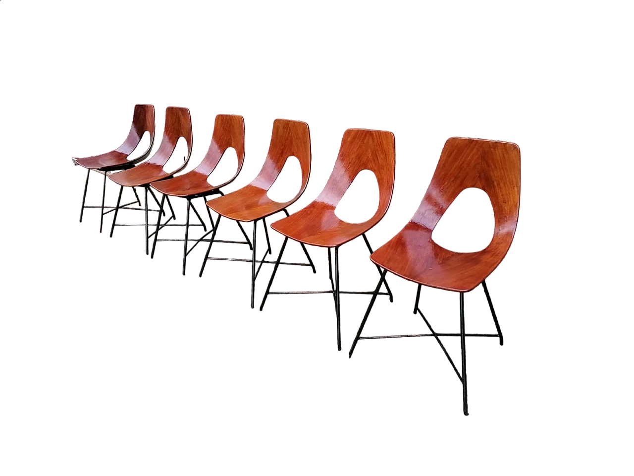 6 Plywood and metal Ariston chairs by Augusto Bozzi for Saporiti, 1950s 10