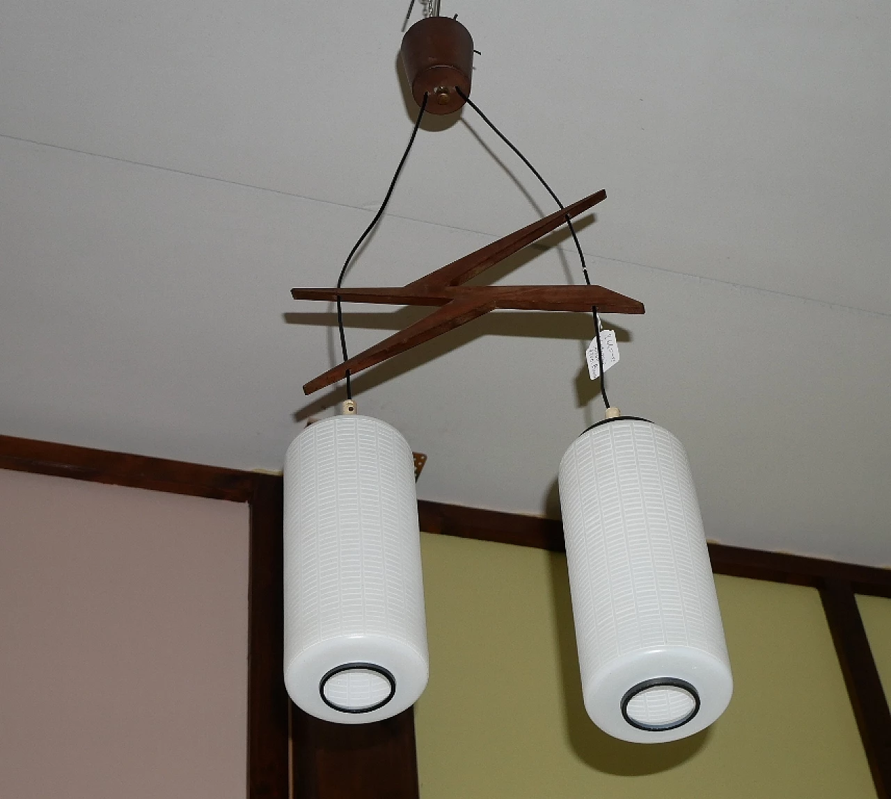 Chandelier with teak frame and cylindrical lattimo glass diffusers, 1960s 4