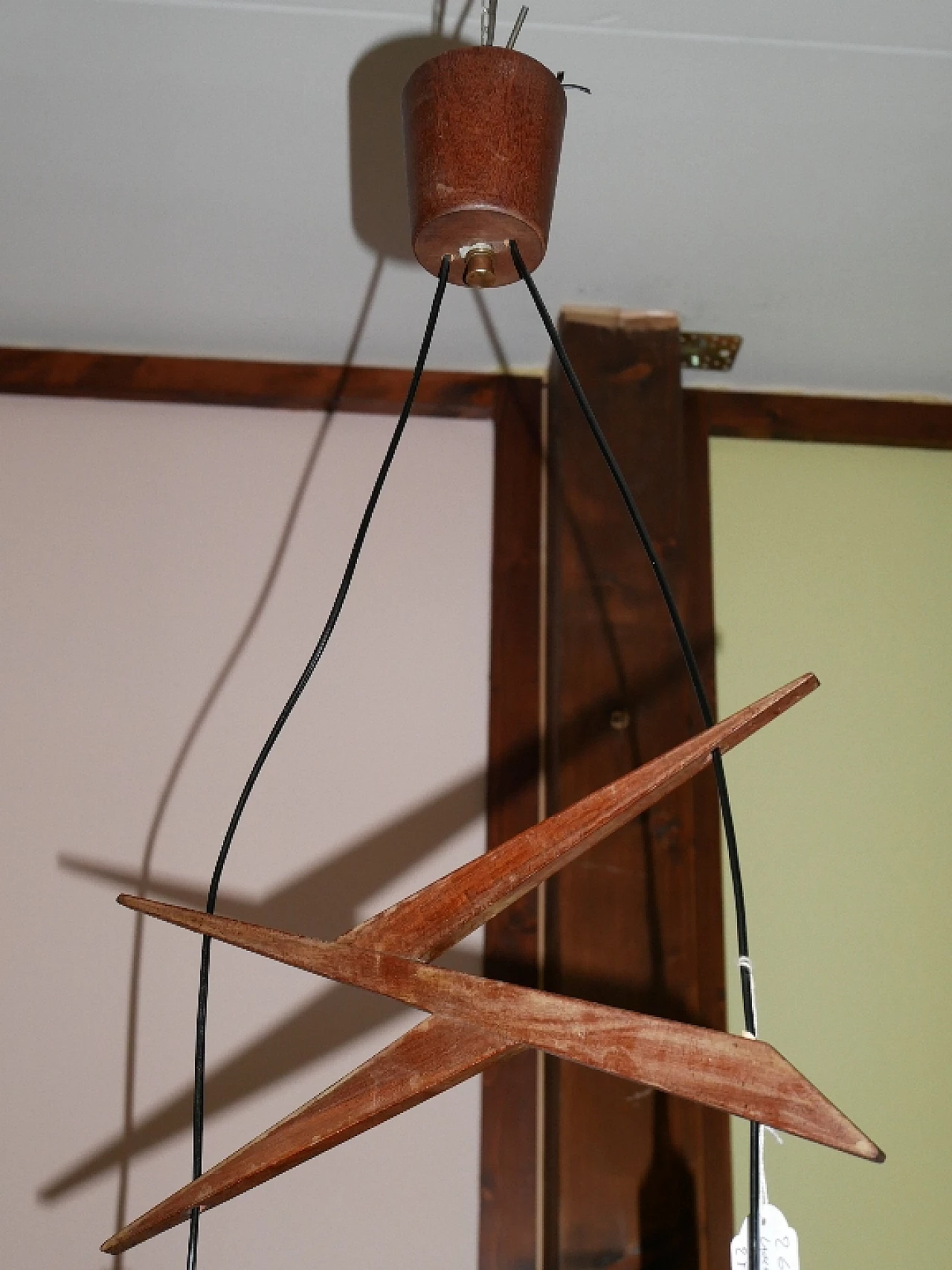 Chandelier with teak frame and cylindrical lattimo glass diffusers, 1960s 5